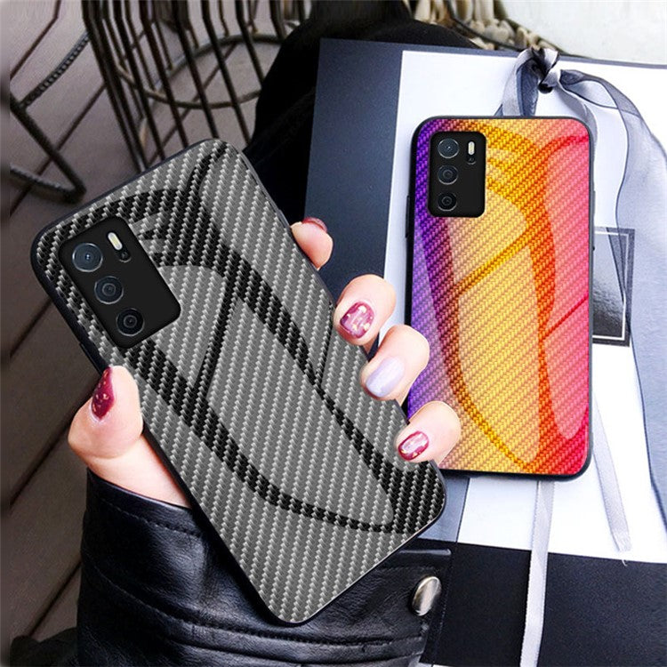 Slim Lightweight Scratch-Resistant Carbon Fiber Texture Luxury Hard Tempered Glass Back Cover Case for Oppo A16/A16s/A54s - Black Fiber