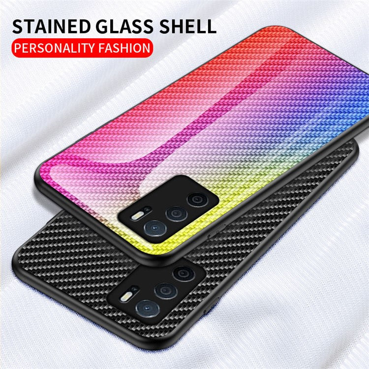 Slim Lightweight Scratch-Resistant Carbon Fiber Texture Luxury Hard Tempered Glass Back Cover Case for Oppo A16/A16s/A54s - Black Fiber