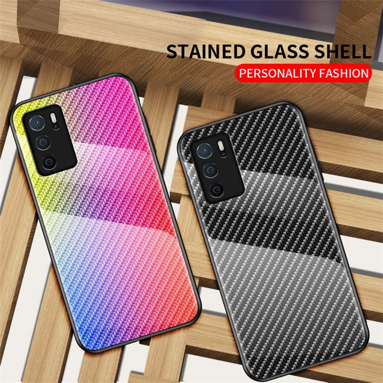 Slim Lightweight Scratch-Resistant Carbon Fiber Texture Luxury Hard Tempered Glass Back Cover Case for Oppo A16/A16s/A54s - Black Fiber