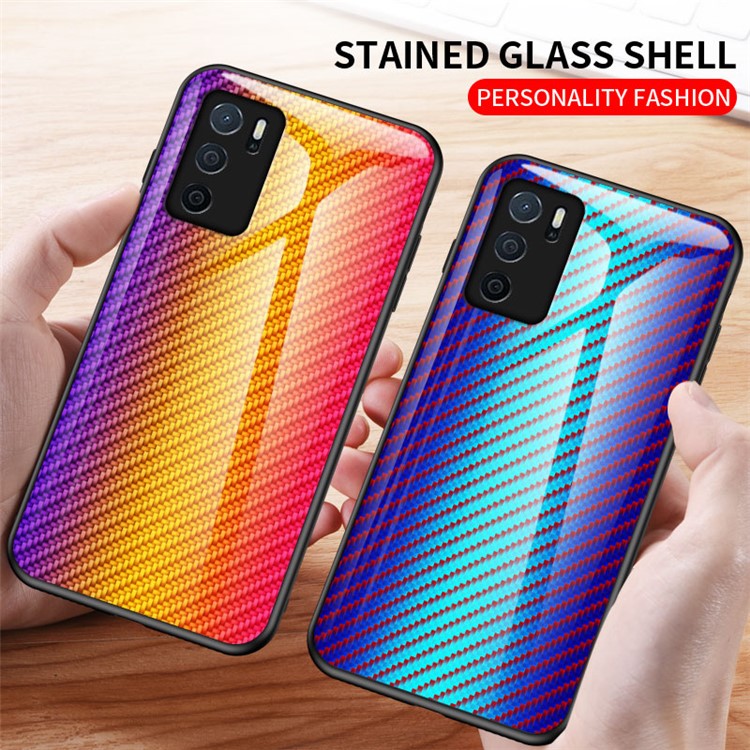 Slim Lightweight Scratch-Resistant Carbon Fiber Texture Luxury Hard Tempered Glass Back Cover Case for Oppo A16/A16s/A54s - Black Fiber
