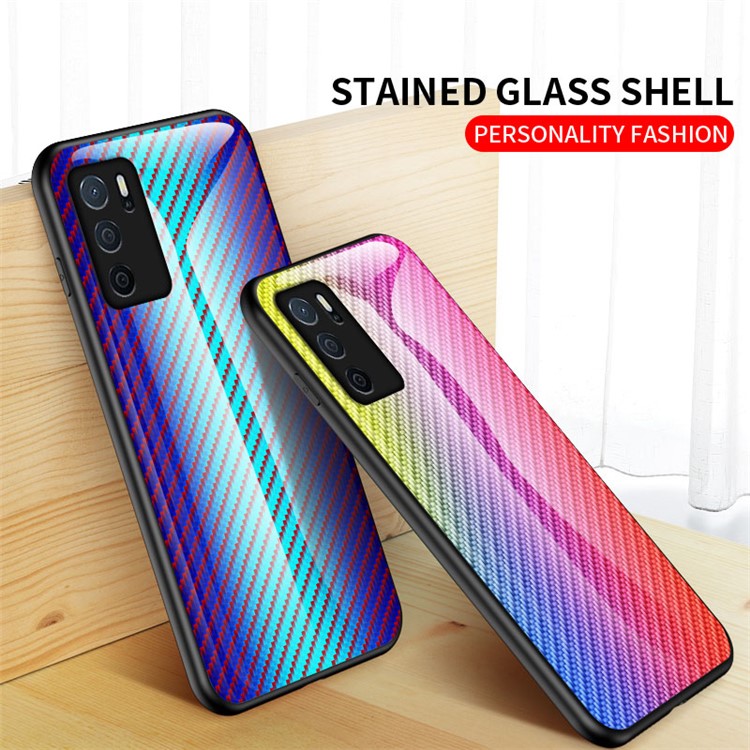Slim Lightweight Scratch-Resistant Carbon Fiber Texture Luxury Hard Tempered Glass Back Cover Case for Oppo A16/A16s/A54s - Black Fiber