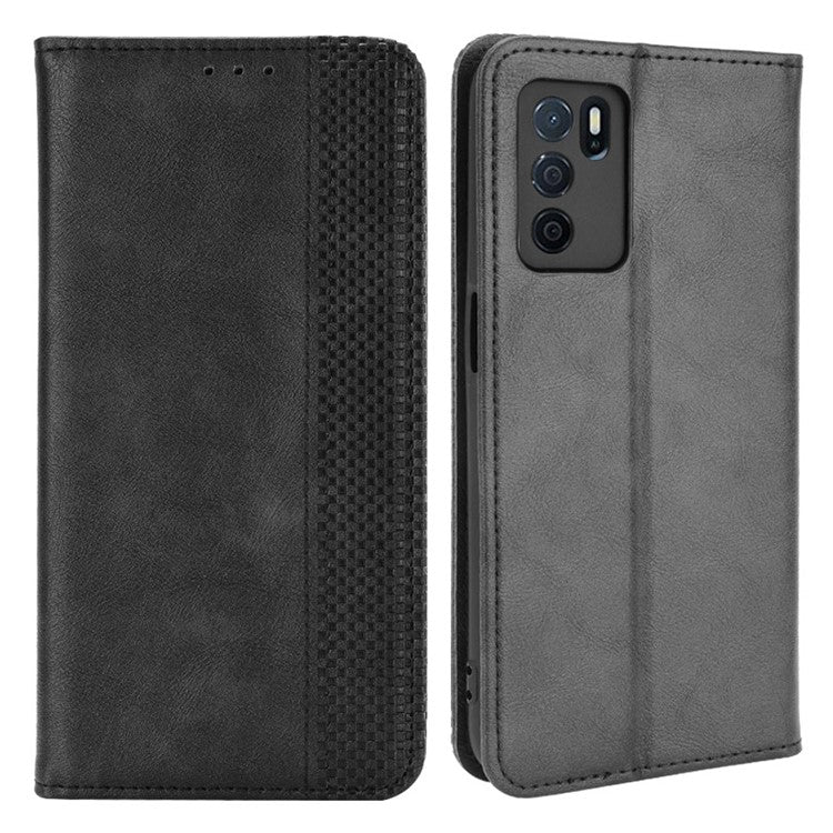 PU Leather Full Protective Retro Style Wallet Stand Flip Protective Phone Cover for Oppo A16/A16s/A54s - Black