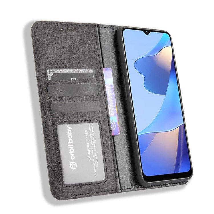 PU Leather Full Protective Retro Style Wallet Stand Flip Protective Phone Cover for Oppo A16/A16s/A54s - Black