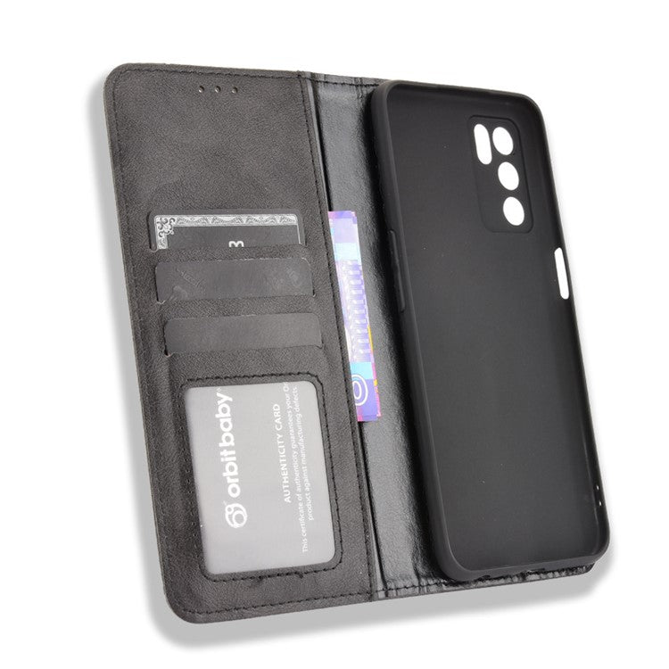 PU Leather Full Protective Retro Style Wallet Stand Flip Protective Phone Cover for Oppo A16/A16s/A54s - Black