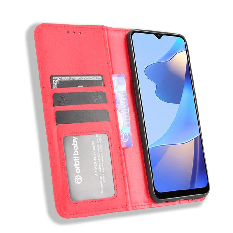 PU Leather Full Protective Retro Style Wallet Stand Flip Protective Phone Cover for Oppo A16/A16s/A54s - Red
