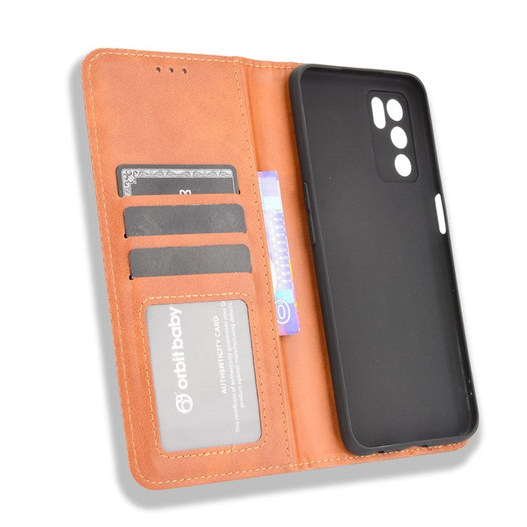 PU Leather Full Protective Retro Style Wallet Stand Flip Protective Phone Cover for Oppo A16/A16s/A54s - Brown