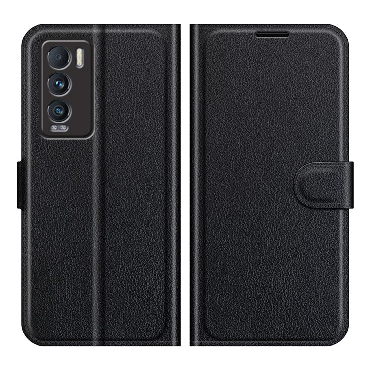 Stand Feature Flip Folio Litchi Skin PU Leather Wallet Case Protective Cover with Magnetic Closure for Realme GT Explorer Master - Black