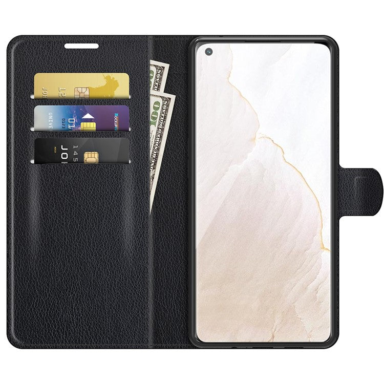 Stand Feature Flip Folio Litchi Skin PU Leather Wallet Case Protective Cover with Magnetic Closure for Realme GT Explorer Master - Black