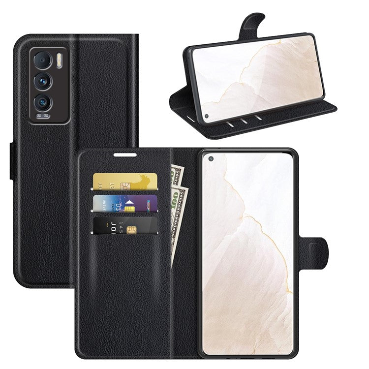 Stand Feature Flip Folio Litchi Skin PU Leather Wallet Case Protective Cover with Magnetic Closure for Realme GT Explorer Master - Black