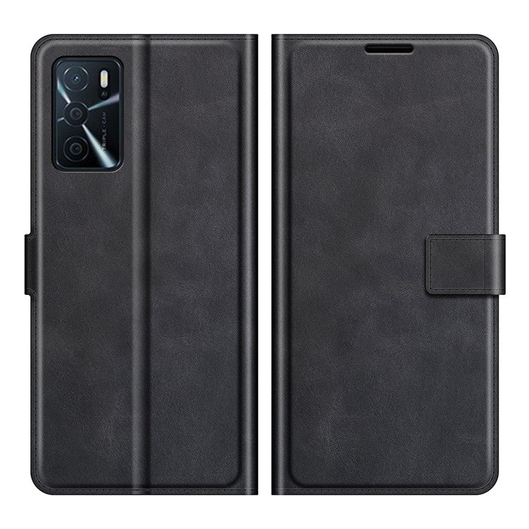 Shockproof Stand PU Leather Wallet Flip Protective Cover with Magnetic Closure for Oppo A16/A16s/A54s - Black