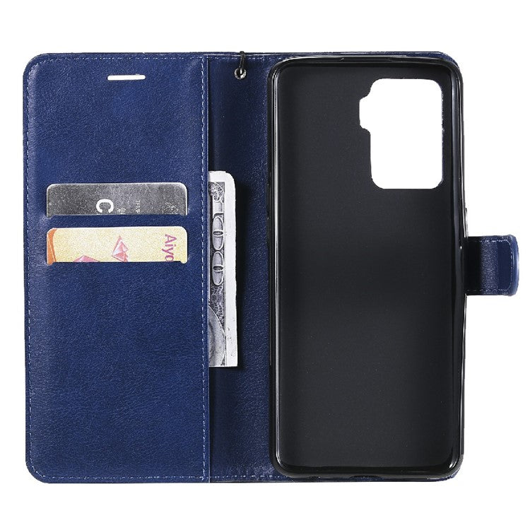KT Leather Series-2 Wallet Design Anti-Scratch Leather Stand Phone Casing with Handy Strap for Oppo A94 5G/F19 Pro+ 5G/A95 5G/Reno5 Z 5G - Blue