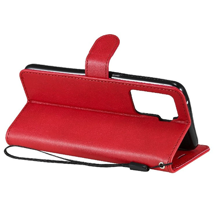 KT Leather Series-2 Wallet Design Anti-Scratch Leather Stand Phone Casing with Handy Strap for Oppo A94 5G/F19 Pro+ 5G/A95 5G/Reno5 Z 5G - Red