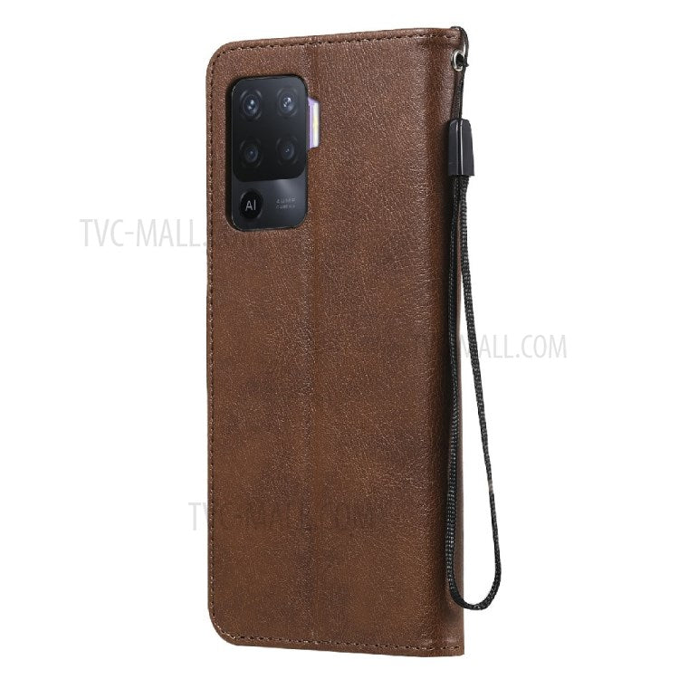 KT Leather Series-2 Wallet Design Anti-Scratch Leather Stand Phone Casing with Handy Strap for Oppo A94 5G/F19 Pro+ 5G/A95 5G/Reno5 Z 5G - Brown