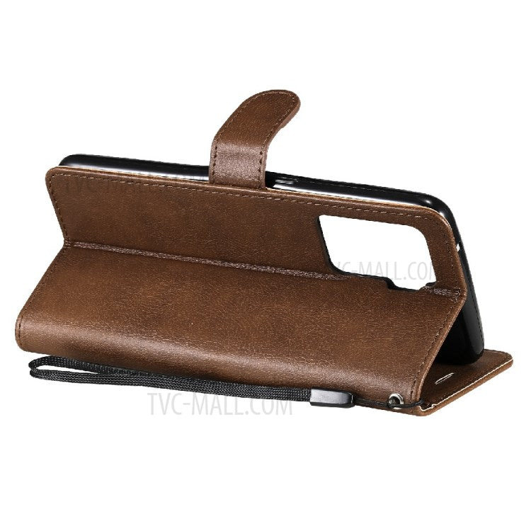 KT Leather Series-2 Wallet Design Anti-Scratch Leather Stand Phone Casing with Handy Strap for Oppo A94 5G/F19 Pro+ 5G/A95 5G/Reno5 Z 5G - Brown