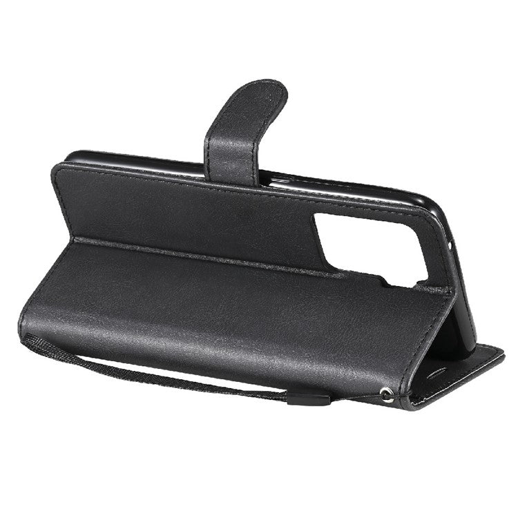 KT Leather Series-2 Wallet Design Anti-Scratch Leather Stand Phone Casing with Handy Strap for Oppo A94 5G/F19 Pro+ 5G/A95 5G/Reno5 Z 5G - Black