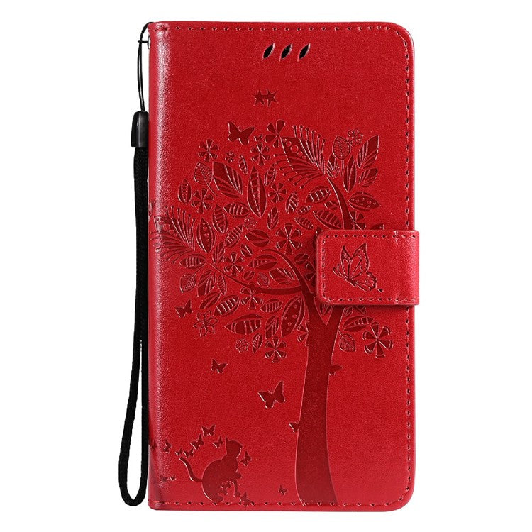KT Imprinting Flower Series-3 Cat and Tree Imprinted PU Leather Stand Case Phone Wallet Shell with Strap for Realme 8/Realme 8 Pro - Red