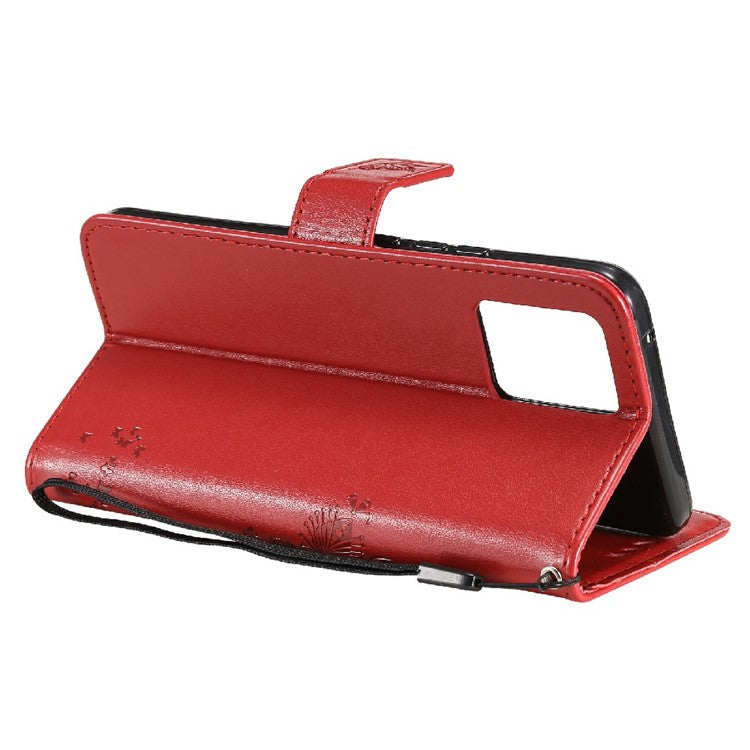 KT Imprinting Flower Series-3 Cat and Tree Imprinted PU Leather Stand Case Phone Wallet Shell with Strap for Realme 8/Realme 8 Pro - Red
