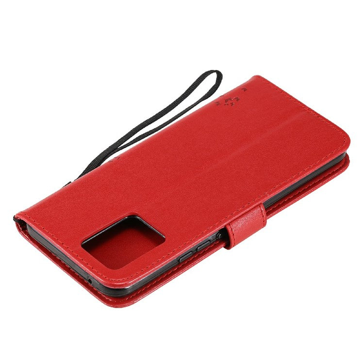 KT Imprinting Flower Series-3 Cat and Tree Imprinted PU Leather Stand Case Phone Wallet Shell with Strap for Realme 8/Realme 8 Pro - Red