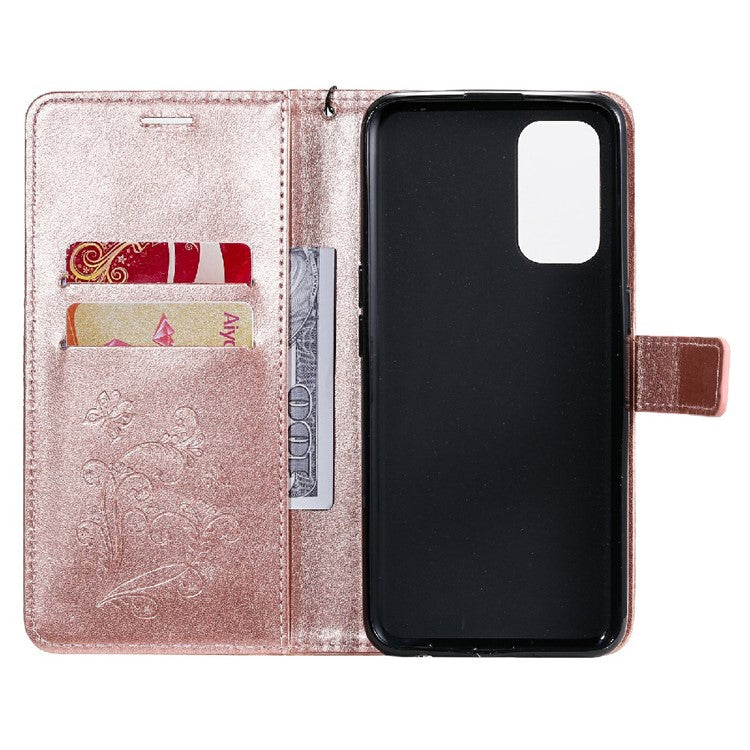 KT Imprinting Flower Series-2 Butterfly Pattern Imprinting Protective Shockproof Magnetic Clasp Wallet Leather Phone Cover Case with Stand for Oppo Reno5 4G/5G/Reno5 K/Find X3 Lite - Rose Gold