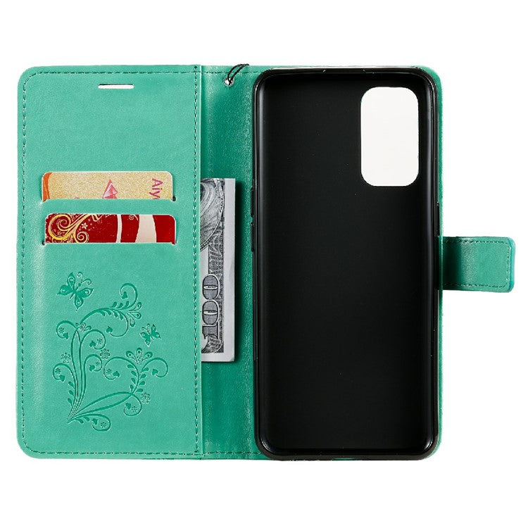 KT Imprinting Flower Series-2 Butterfly Pattern Imprinting Protective Shockproof Magnetic Clasp Wallet Leather Phone Cover Case with Stand for Oppo Reno5 4G/5G/Reno5 K/Find X3 Lite - Green