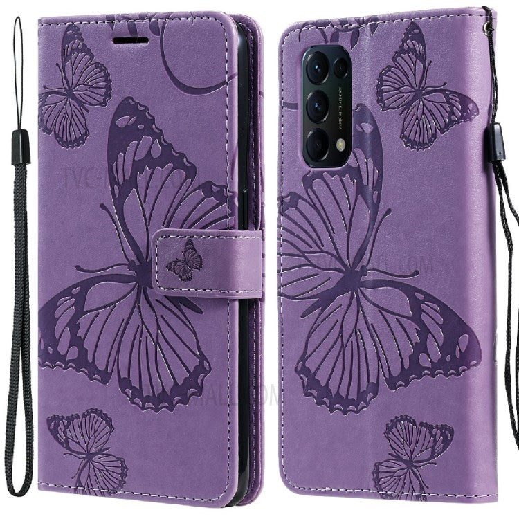 KT Imprinting Flower Series-2 Butterfly Pattern Imprinting Protective Shockproof Magnetic Clasp Wallet Leather Phone Cover Case with Stand for Oppo Reno5 4G/5G/Reno5 K/Find X3 Lite - Purple