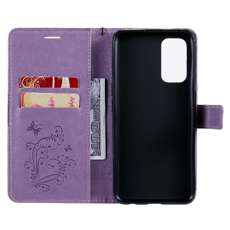 KT Imprinting Flower Series-2 Butterfly Pattern Imprinting Protective Shockproof Magnetic Clasp Wallet Leather Phone Cover Case with Stand for Oppo Reno5 4G/5G/Reno5 K/Find X3 Lite - Purple