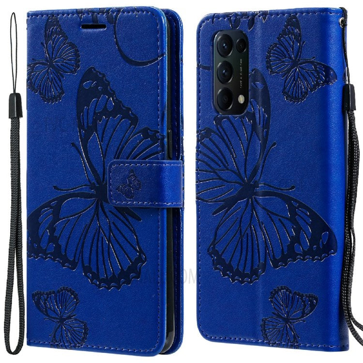 KT Imprinting Flower Series-2 Butterfly Pattern Imprinting Protective Shockproof Magnetic Clasp Wallet Leather Phone Cover Case with Stand for Oppo Reno5 4G/5G/Reno5 K/Find X3 Lite - Blue