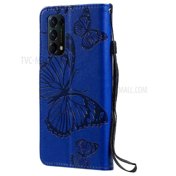 KT Imprinting Flower Series-2 Butterfly Pattern Imprinting Protective Shockproof Magnetic Clasp Wallet Leather Phone Cover Case with Stand for Oppo Reno5 4G/5G/Reno5 K/Find X3 Lite - Blue