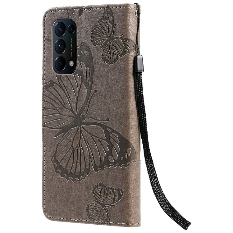 KT Imprinting Flower Series-2 Butterfly Pattern Imprinting Protective Shockproof Magnetic Clasp Wallet Leather Phone Cover Case with Stand for Oppo Reno5 4G/5G/Reno5 K/Find X3 Lite - Grey