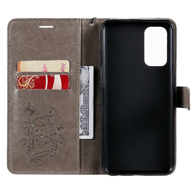 KT Imprinting Flower Series-2 Butterfly Pattern Imprinting Protective Shockproof Magnetic Clasp Wallet Leather Phone Cover Case with Stand for Oppo Reno5 4G/5G/Reno5 K/Find X3 Lite - Grey