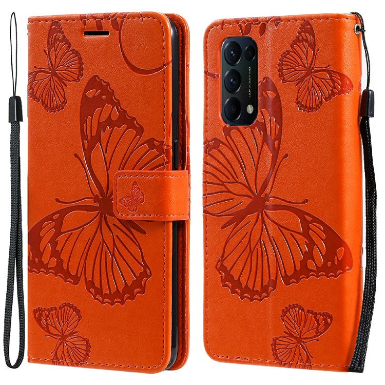 KT Imprinting Flower Series-2 Butterfly Pattern Imprinting Protective Shockproof Magnetic Clasp Wallet Leather Phone Cover Case with Stand for Oppo Reno5 4G/5G/Reno5 K/Find X3 Lite - Orange