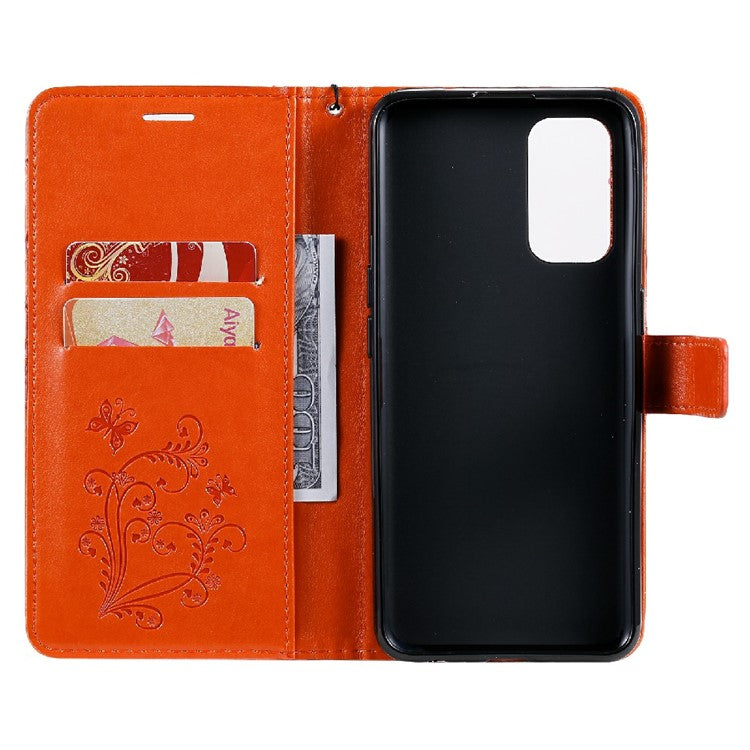 KT Imprinting Flower Series-2 Butterfly Pattern Imprinting Protective Shockproof Magnetic Clasp Wallet Leather Phone Cover Case with Stand for Oppo Reno5 4G/5G/Reno5 K/Find X3 Lite - Orange