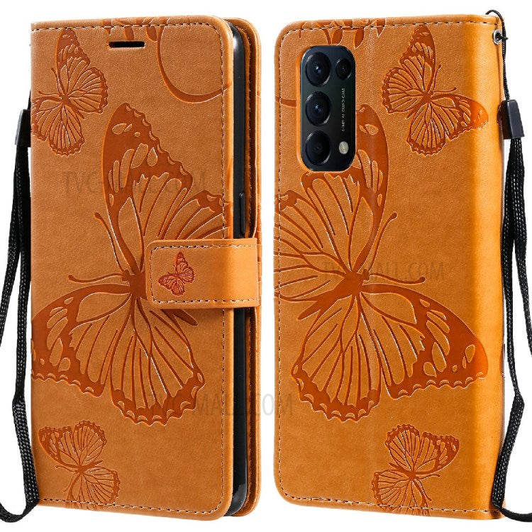 KT Imprinting Flower Series-2 Butterfly Pattern Imprinting Protective Shockproof Magnetic Clasp Wallet Leather Phone Cover Case with Stand for Oppo Reno5 4G/5G/Reno5 K/Find X3 Lite - Yellow