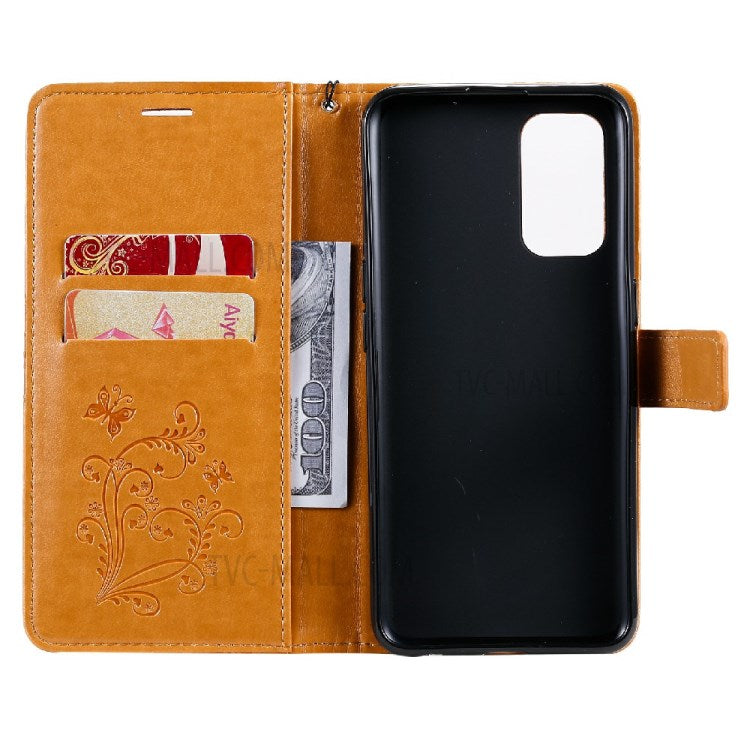 KT Imprinting Flower Series-2 Butterfly Pattern Imprinting Protective Shockproof Magnetic Clasp Wallet Leather Phone Cover Case with Stand for Oppo Reno5 4G/5G/Reno5 K/Find X3 Lite - Yellow
