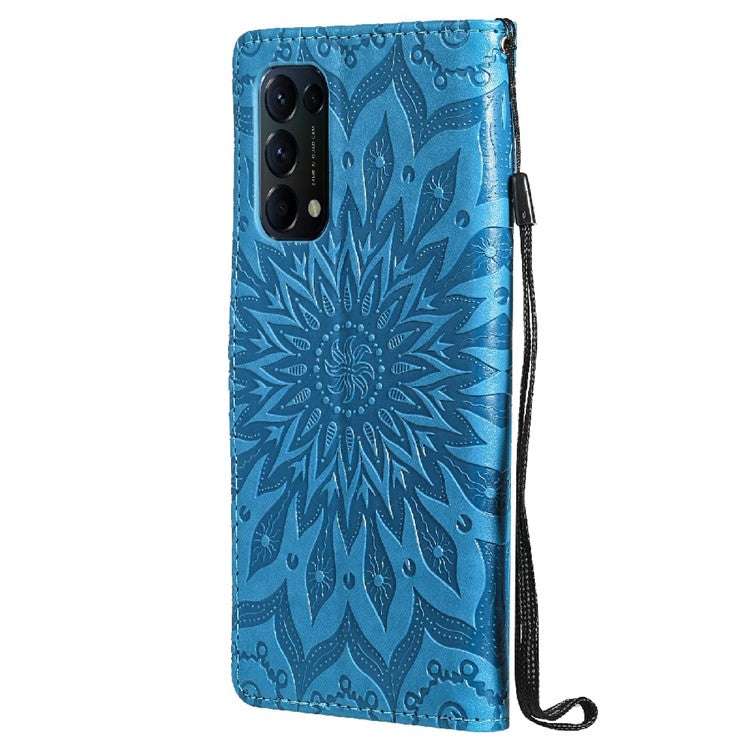 KT Imprinting Flower Series-1 Sunflower Imprint Stylish Pattern Magnetic Clasp Wallet Stand PU Leather Phone Cover Shell for Oppo Reno5 4G/5G/Reno5 K/Find X3 Lite - Blue