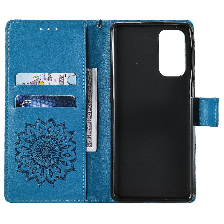 KT Imprinting Flower Series-1 Sunflower Imprint Stylish Pattern Magnetic Clasp Wallet Stand PU Leather Phone Cover Shell for Oppo Reno5 4G/5G/Reno5 K/Find X3 Lite - Blue
