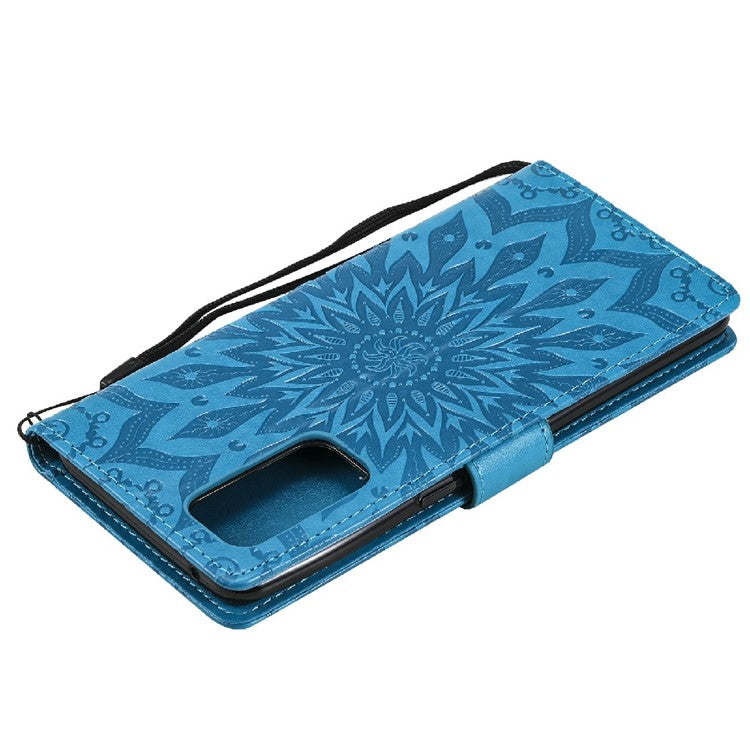 KT Imprinting Flower Series-1 Sunflower Imprint Stylish Pattern Magnetic Clasp Wallet Stand PU Leather Phone Cover Shell for Oppo Reno5 4G/5G/Reno5 K/Find X3 Lite - Blue
