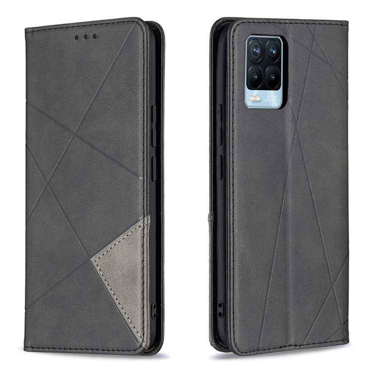 For Realme 8 / 8 Pro Rhombus-Like Imprinting Drop-Proof Leather Stand Case Card Holder Shell - Black