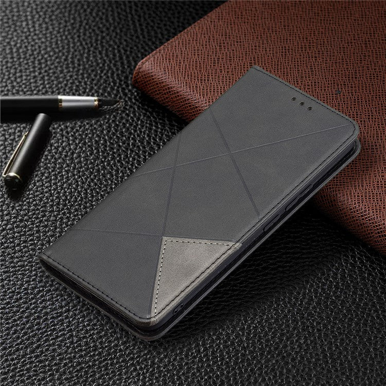 For Realme 8 / 8 Pro Rhombus-Like Imprinting Drop-Proof Leather Stand Case Card Holder Shell - Black