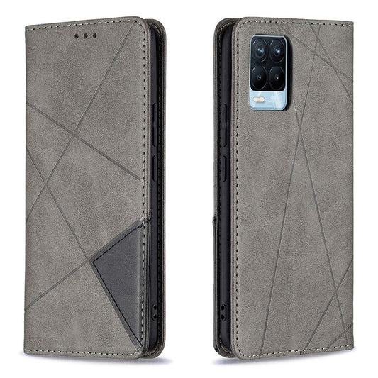 For Realme 8 / 8 Pro Rhombus-Like Imprinting Drop-Proof Leather Stand Case Card Holder Shell - Grey
