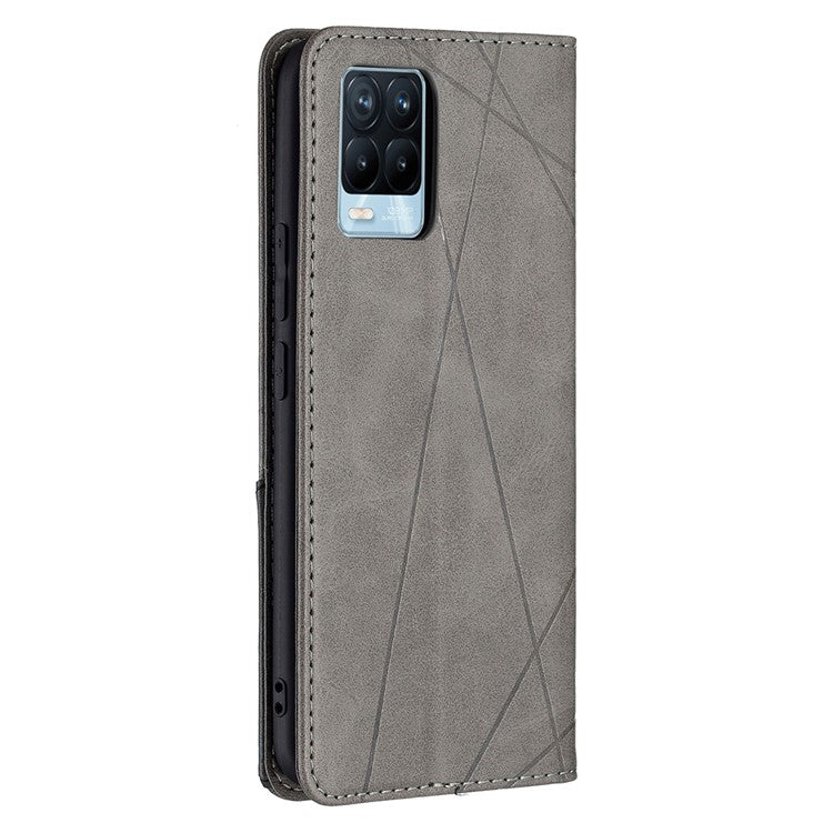 For Realme 8 / 8 Pro Rhombus-Like Imprinting Drop-Proof Leather Stand Case Card Holder Shell - Grey