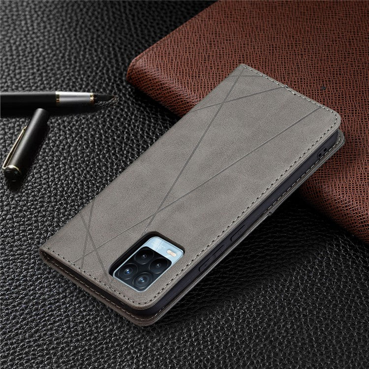 For Realme 8 / 8 Pro Rhombus-Like Imprinting Drop-Proof Leather Stand Case Card Holder Shell - Grey