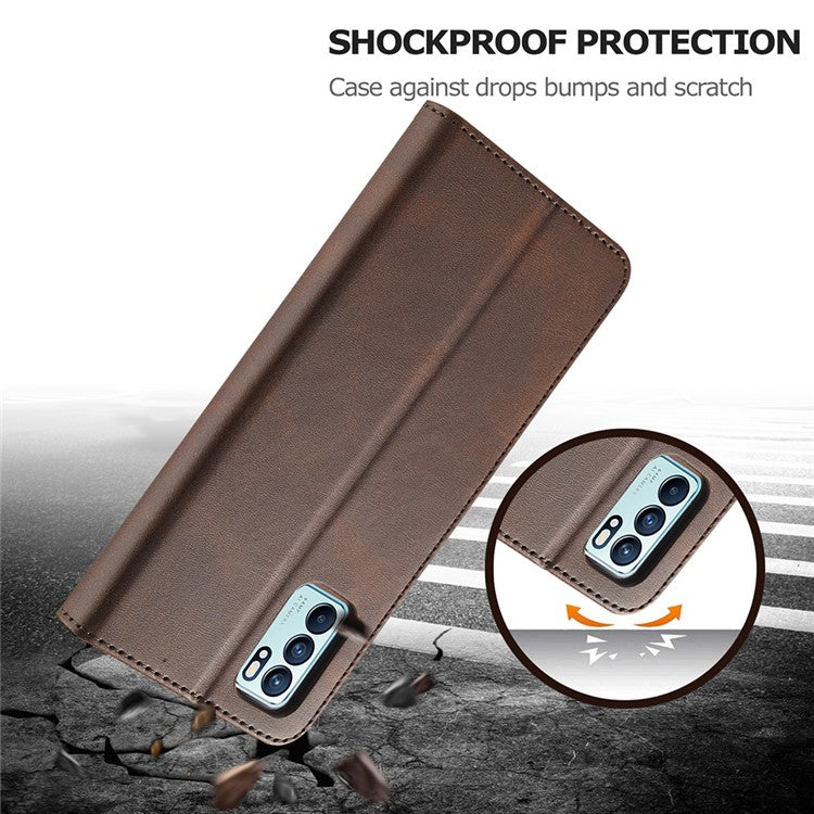 LC.IMEEKE Leather Phone Cover Wallet Stand Case for Oppo Reno6 5G - Brown
