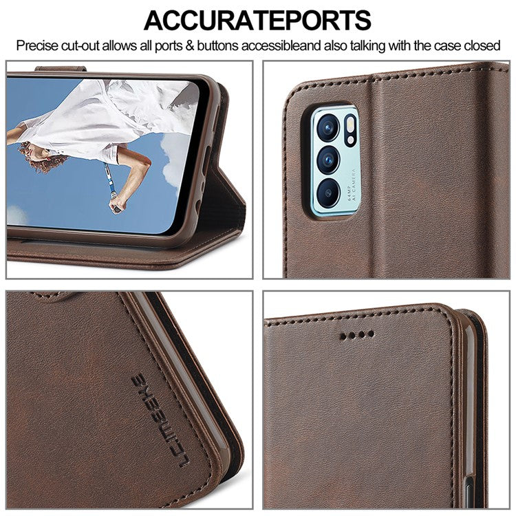 LC.IMEEKE Leather Phone Cover Wallet Stand Case for Oppo Reno6 5G - Brown