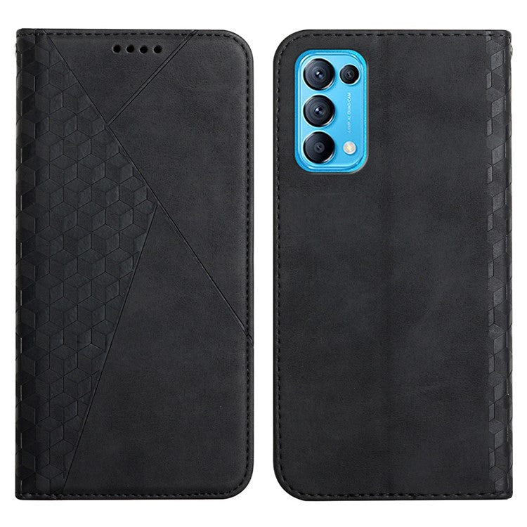 Rhombus Pattern Skin-touch Feeling Auto-absorbed PU Leather Stand Case Cover for Oppo Reno5 5G/ Reno5 4G/Reno5 K/Find X3 Lite - Black