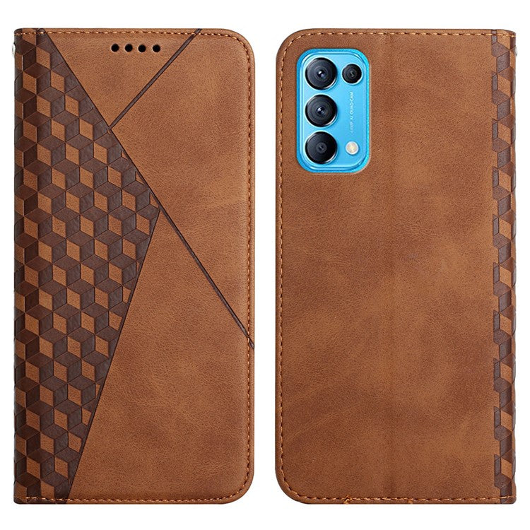 Rhombus Pattern Skin-touch Feeling Auto-absorbed PU Leather Stand Case Cover for Oppo Reno5 5G/ Reno5 4G/Reno5 K/Find X3 Lite - Brown