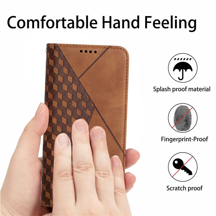 Rhombus Pattern Skin-touch Feeling Auto-absorbed PU Leather Stand Case Cover for Oppo Reno5 5G/ Reno5 4G/Reno5 K/Find X3 Lite - Brown