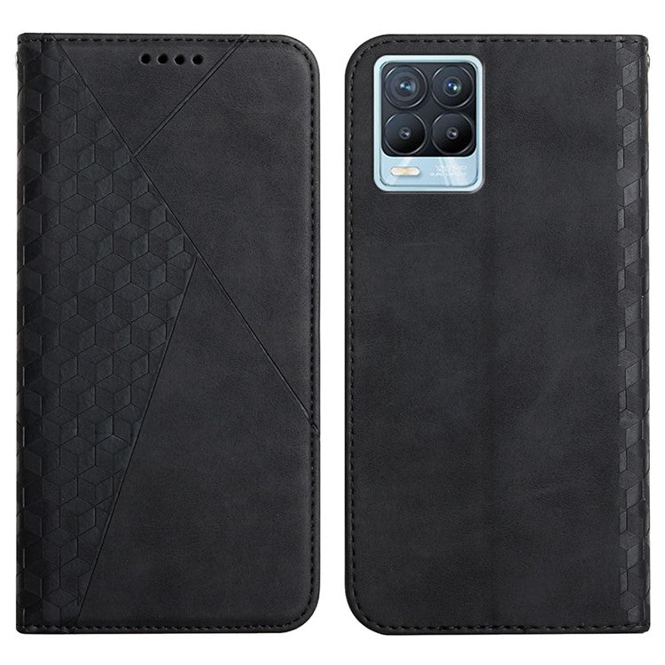 Rhombus Pattern Splicing Magnetic Auto-absorbed Wallet Stand Leather Phone Cover Case for Realme 8/8 Pro - Black