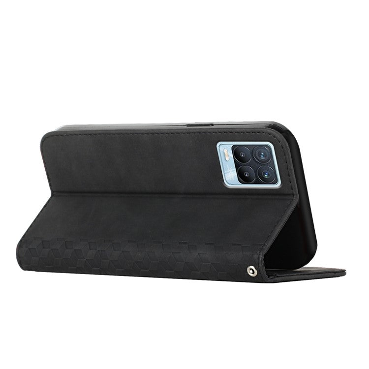 Rhombus Pattern Splicing Magnetic Auto-absorbed Wallet Stand Leather Phone Cover Case for Realme 8/8 Pro - Black