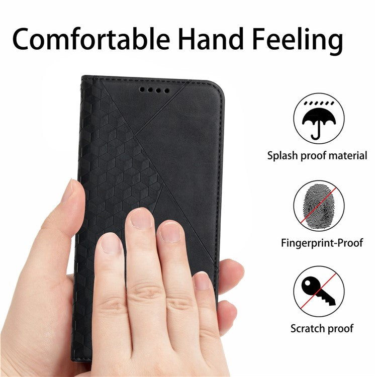 Skin-touch Feel Fall Prevention Geometric Pattern Auto-absorbed Leather Case with Stand Wallet for Oppo A54 5G/A74 5G/A93 5G - Black
